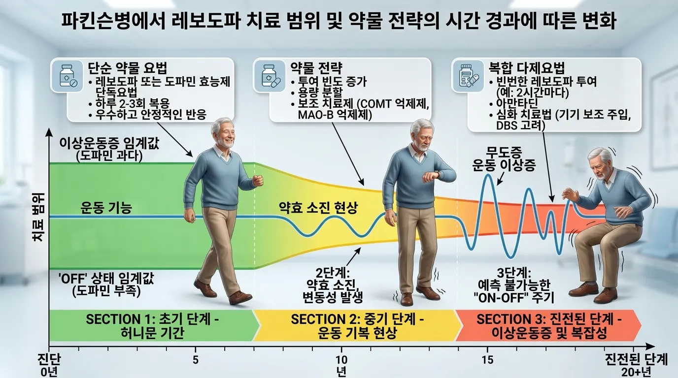 레보도파 치료 전략의 시간별 변화 — 3단계 진행